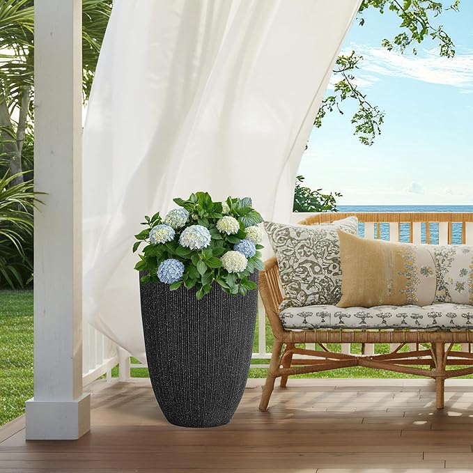 19.1" H Mediterranean Black Round Planter for Outdoor Plants,Set of 2 Large Flower Pot with Drainage Hole,Weather-Resistant for Porch,Garden,Patio or Indoor Use, Ideal for Christmas Decoration.