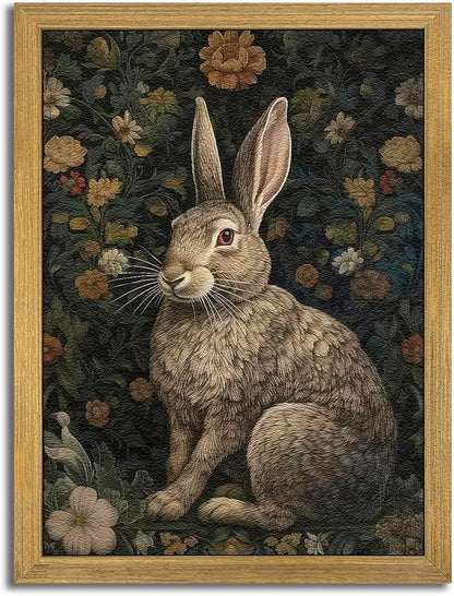 SAMHOU Framed 3D Textured Wall Art, Vintage Sandstone Hand Drawn Rabbit Wall Decor, Easter Cute Bunny Decor Painting, Nature Animal Flowers Pictures for Bathroom Living Room Bedroom Office 12x16 inch