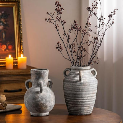 Rustic Grey Terracotta Ceramic Vase with Handles, Vintage Pottery Floral Vases, Cottage Core for Home Decor Table Centerpiece, Large Flower Vase for Bouquets Table Mantel Bedroon Bathroom 8.5 Inch