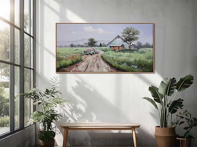 Framed Landscape Wall Art Canvas, Nature Painting Art Wall Decor for Living Room Farmhouse Picture Textured Large Farm Barn Artwork for Bedroom Home Office 48"x24"