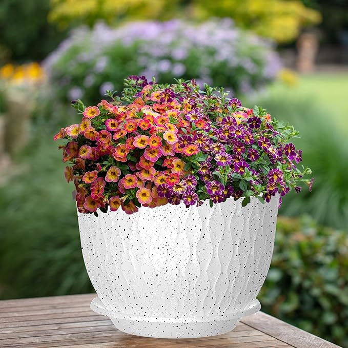 Plant Pots, Flower Pots with Multi Mesh Drainage Holes and Saucer, Large Planters for Indoor Outdoor Garden Plants and Flowers (Speckled White, 12"+10"+9")