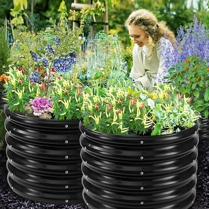 17" Tall Round Outdoor Garden Raised Garden Bed Kits-0.8MM Thick Metal Raised Planter Bed/Ground Planter Box for Variety of Flowers,Herbs,Vegetables,Trees (Black, 24 Dia X 16.5 inches)