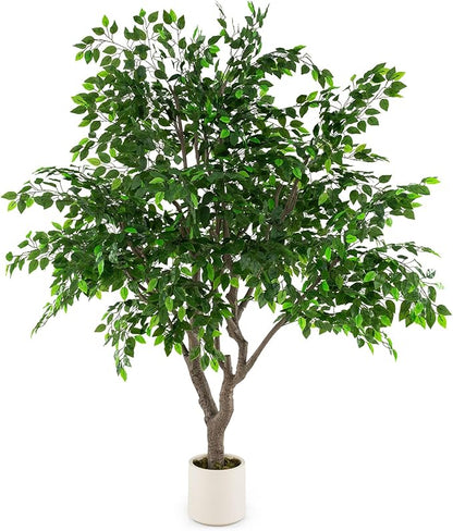 Goplus 8.2 FT Tall Artificial Ficus Tree, Large Faux Greenery Tree w/Leaves, Cement-Filled Pot, Realistic Trunk & Moss, Indoor Outdoor Fake Tropical Tree for Home, Office, Porch, Living Room