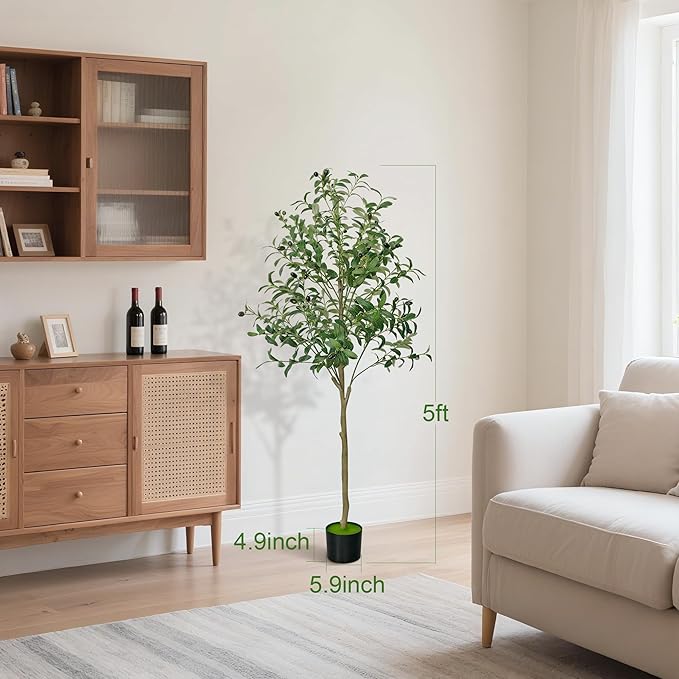 5 FT Olive Trees Artificial Indoor, Faux Olive Tree 5 ft with Natural Wood Trunk Branches and Lifelike Fruits, Realistic Fake Tree Artificial Plants Tall with Planter for Home Office Decor