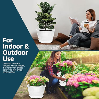 10-Inch Whiskey Barrel Planters Outdoor Pack of 2 - Durable Plastic Plant Pots for Indoor & Outdoor Use with Drainage & Saucer, Lightweight Rustic Barrel Planters for Flowers, Herbs & Small Plants