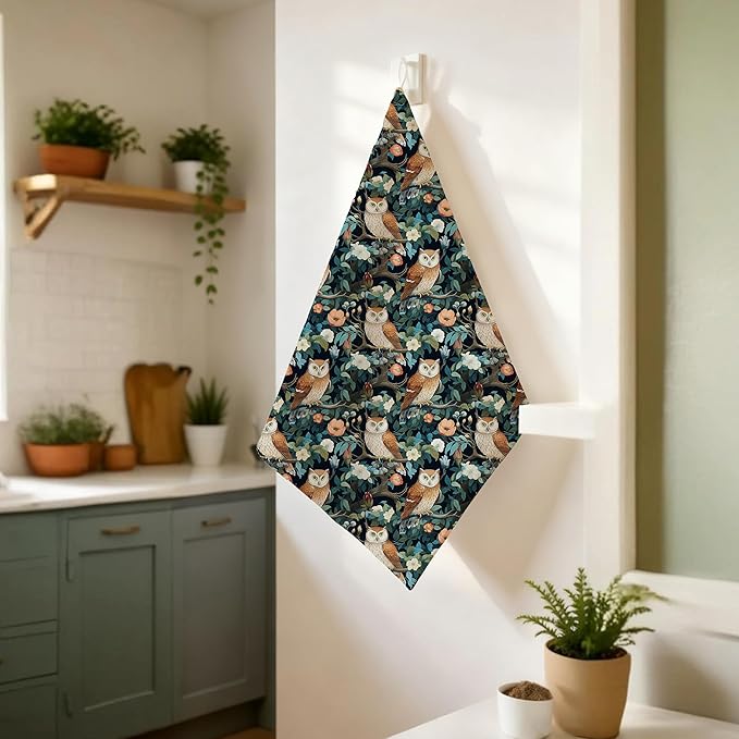 Vintage Floral Owl Kitchen Towels, Owl Gifts for Women Decorative Hand Towels for Bathroom, Dark Botanical Flower Dish Tea Towel for Kitchen Decor, 16x24 Inch