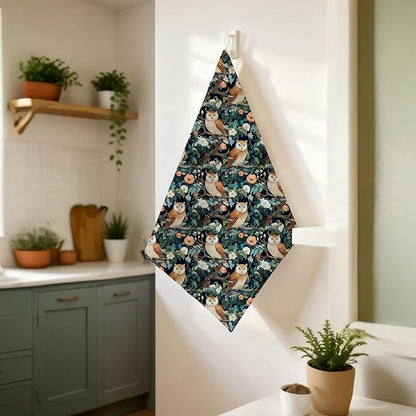 Vintage Floral Owl Kitchen Towels, Owl Gifts for Women Decorative Hand Towels for Bathroom, Dark Botanical Flower Dish Tea Towel for Kitchen Decor, 16x24 Inch