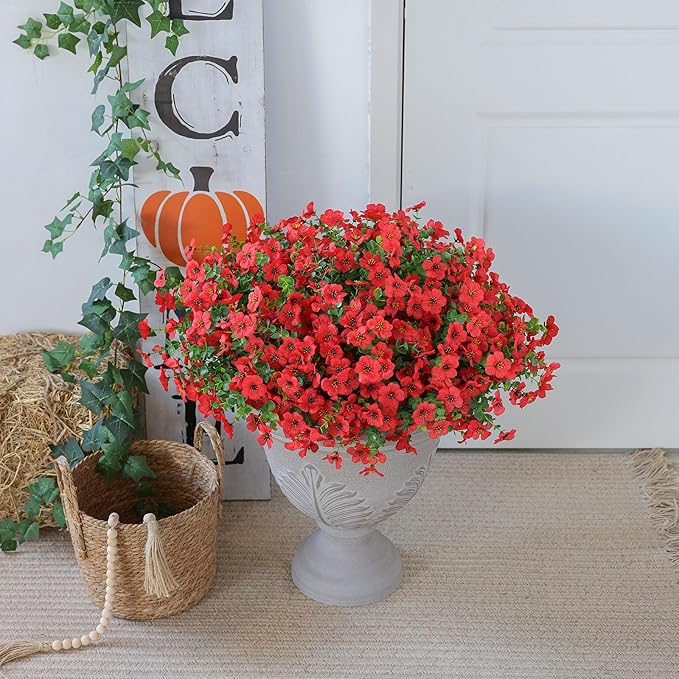 mizii Artificial Flowers for Outdoors 20 Bundles Realistic Faux Silk Flower UV Resistant Fake Plants Outside Decorations for Patio Garden Balcony Yard Porch Summer Indoor Home Decor (Red)