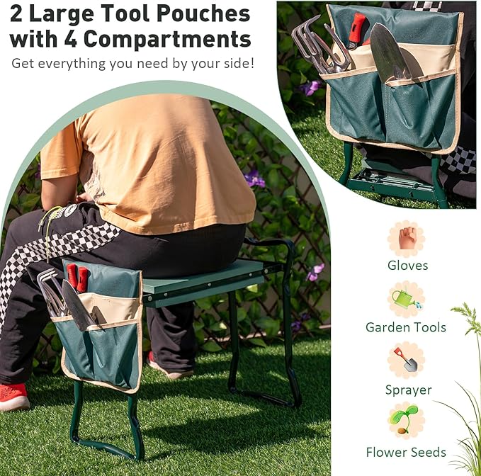 Giantex Garden Kneeler & Seat, Folding Gardening Stool, Portable Garden Bench with EVA Foam Pad, Heavy-Duty Metal Frame, Gardening Gift for Women Men Seniors (Holds 330 LBS) (with 1 Bags)