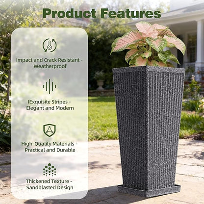 Square Tall Planters for Outdoor Plants Set of 2-23.6" Heavy-Duty Classic Tapered Indoor Flower Pots with Drainage Holes/Partition/Tray, Large Outdoor Planters for Porch Patio Garden, Grey