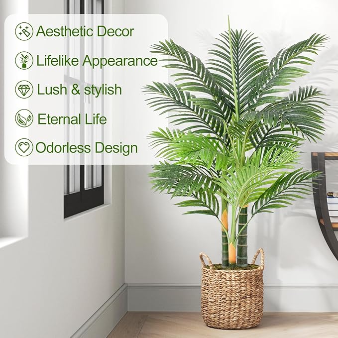 Triple Golden Cane Palm Artificial Tree 4ft Tall Large Faux Tropical Palm Tree UV Resistant Fake Plant in Pot for Indoor Outdoor Big House Living Room Patio Office Home Outside Decor 2Pack