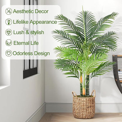 Triple Golden Cane Palm Artificial Tree 4ft Tall Large Faux Tropical Palm Tree UV Resistant Fake Plant in Pot for Indoor Outdoor Big House Living Room Patio Office Home Outside Decor 2Pack
