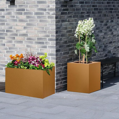 Corten Steel Planter Box 20"x20"x21", Rustic Metal Planter with Partitions & Drainage Holes, Frost Rust Resistant Heavy Duty Planter for Patio Garden Indoor Outdoor Commercial Decor