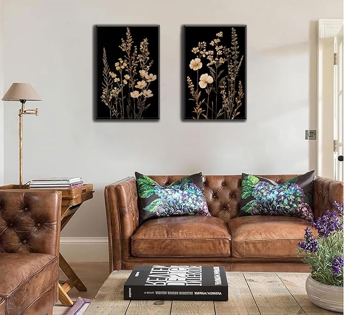 2Psc Dark Botanical Wall Art Vintage Black Flower Painting Picture Wall Decor Moody Flower Poster Print Artwork for Living Room Bedroom or Office Home Decoration 16x24 Inch