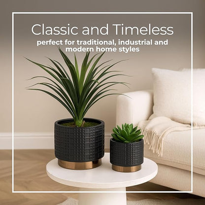 Set of 2 Mesh Metallic Decorative Planter Pot with Gold Accents – Ceramic Stoneware Outdoor & Indoor Plant Pot – Modern Garden & Home Decor Planters – 6" & 7", Black