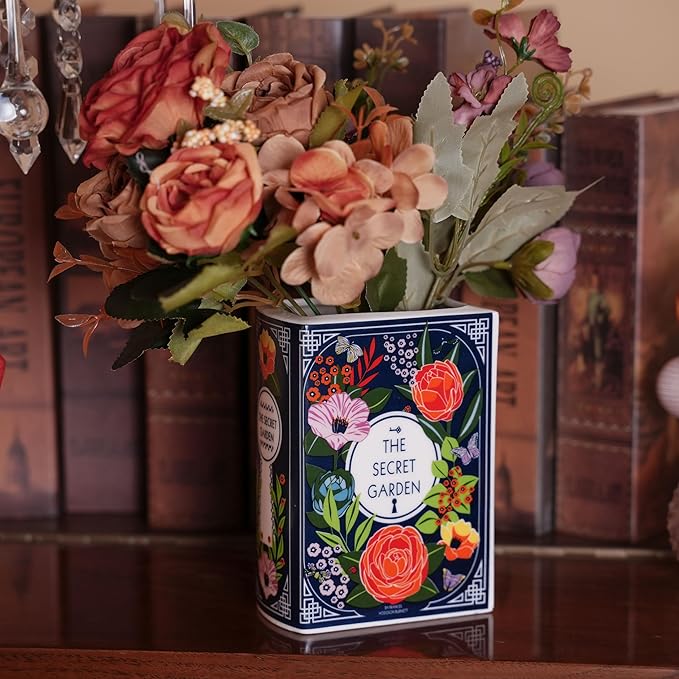 Ceramic Book Vase for Flowers, Home Decor, Cute Bookshelf Accent, Lovers Gifts, Unique Home/Bedroom/Office Decor (Small - Secret Garden)