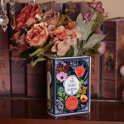 Ceramic Book Vase for Flowers, Home Decor, Cute Bookshelf Accent, Lovers Gifts, Unique Home/Bedroom/Office Decor (Small - Secret Garden)