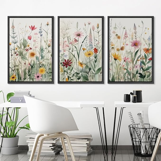 Ashbrook Framed Canvas Print Wall Art Set Garden Forest Wildflowers Nature Wilderness Illustrations Modern Art Decorative Floral Botanical Minimal Calm/Relax/Cozy for Bedroom - 16"x24"x3 BLACK