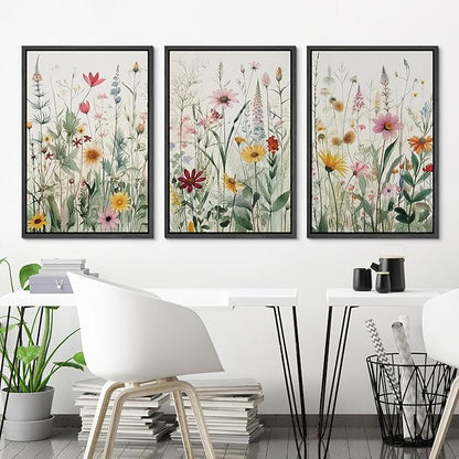 Ashbrook Framed Canvas Print Wall Art Set Garden Forest Wildflowers Nature Wilderness Illustrations Modern Art Decorative Floral Botanical Minimal Calm/Relax/Cozy for Bedroom - 16"x24"x3 BLACK