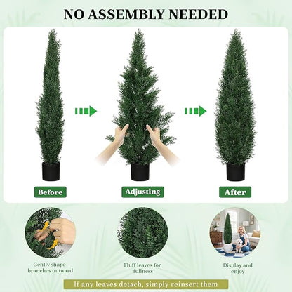 4FT UV Resistant Artificial Cedar Topiary Trees, Potted Faux Cypress Shrubs for Outdoor & Indoor Decor, Realistic Evergreen Fake Plants for Front Porch, Patio, Home, Office, or Garden, Set of 2