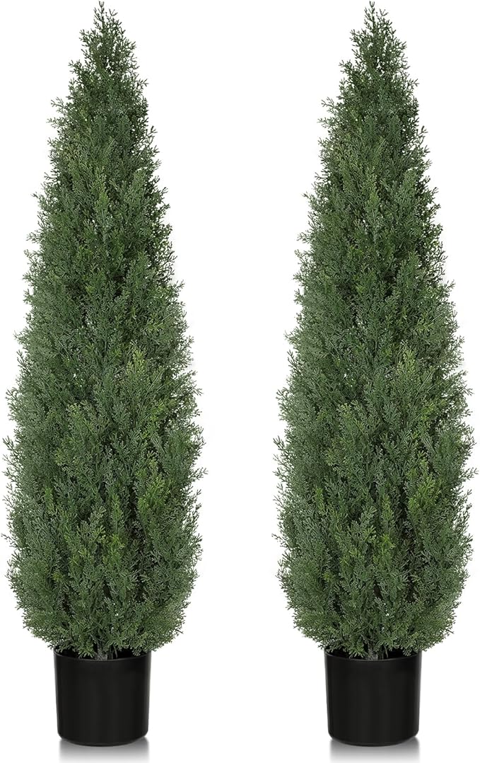 Artificial Cedar Trees for Outdoor 4 FT, 2 Set Outdoor Faux Cedar Bushes Topiary UV Protection and Lush Fake Cypress Shrubs for Front Door Porch Patio Garden Balcony Fence Outside Decoration