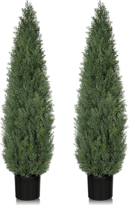 Artificial Cedar Trees for Outdoor 4 FT, 2 Set Outdoor Faux Cedar Bushes Topiary UV Protection and Lush Fake Cypress Shrubs for Front Door Porch Patio Garden Balcony Fence Outside Decoration