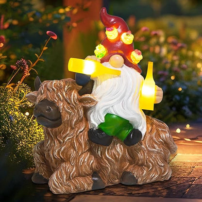 DKJOCKY Birthday Gifts for Women,Funny Garden Gnomes with Highland Cow Statues Decorations for Yard, Gnomes with Solar Lights Garden Decor, Friendships Birthday Gifts for Women Mom Unique