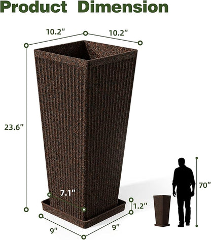 Square Tall Planters for Outdoor Plants Set of 2-23.6" Heavy-Duty Classic Tapered Indoor Flower Pots with Drainage Holes/Partition/Tray, Large Outdoor Planters for Porch Patio Garden, Brown