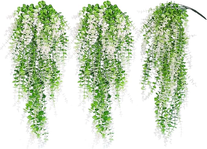 RECUTMS Fake Monkey Plants Hanging Eucalyptus Vines Fake Vines Faux Hanging Plants for Outdoor Garden Yard Backdrop Decor Indoor Room Table Wall Home Hanging Decoration(White)