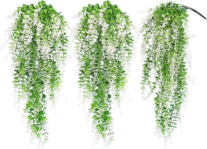 RECUTMS Fake Monkey Plants Hanging Eucalyptus Vines Fake Vines Faux Hanging Plants for Outdoor Garden Yard Backdrop Decor Indoor Room Table Wall Home Hanging Decoration(White)