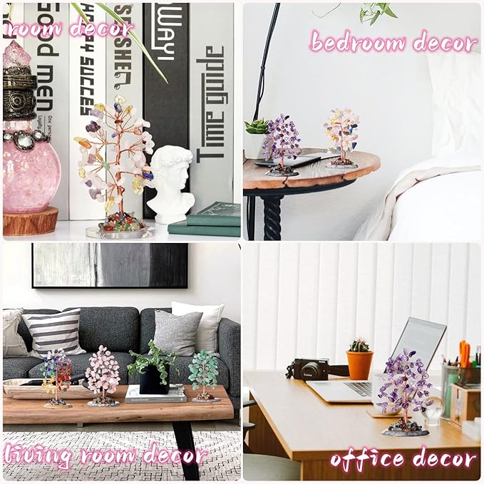 Muticolor Healing Crystal Tree of Life Natural Gemstone Agate Slice Base Copper Wire Wrapped Money Trees Feng Shui Reiki Spiritual Energy Decorations Home Office Room Desk Decor Gifts for Women Men
