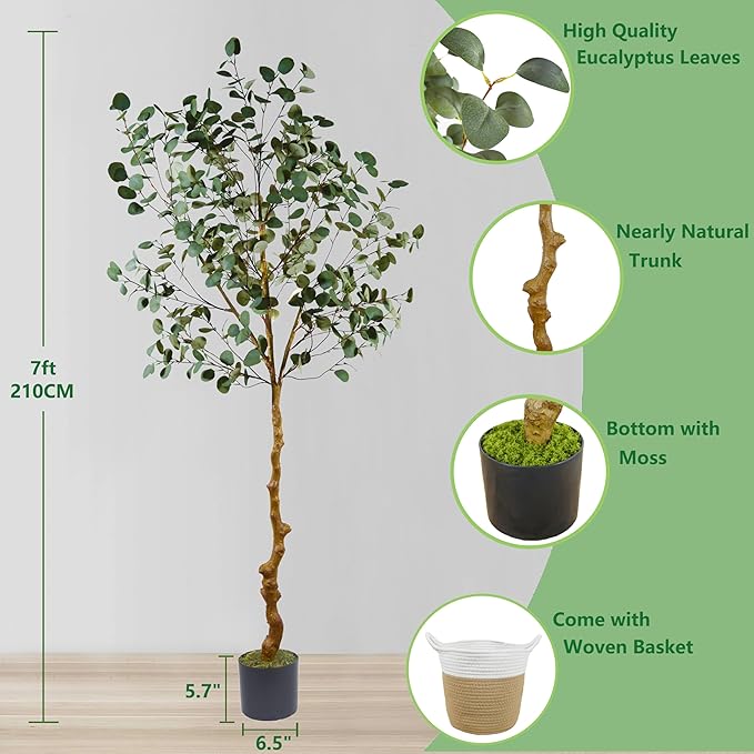 Artificial Eucalyptus Tree, 7ft Tall Fake Eucalyptus Plant with Basket, Green Silver Dollars Silk Leaves Large Faux Tree for Home Office Livingroom Floor Decor Indoor
