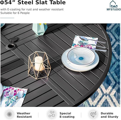 MFSTUDIO Round Patio Dining Set for 6, All Weather Resistant Outdoor Round Table and Chairs Set for Deck, Backyard, Lawn, Garden