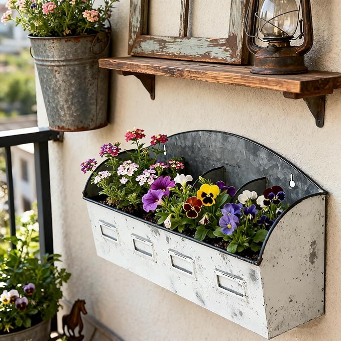 Vintage 4-Compartment Wall-Mounted Galvanized Metal Planter, Distressed White Hanging Flower Pot for Succulents, Herbs, Indoor Outdoor Garden Decor