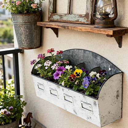Vintage 4-Compartment Wall-Mounted Galvanized Metal Planter, Distressed White Hanging Flower Pot for Succulents, Herbs, Indoor Outdoor Garden Decor
