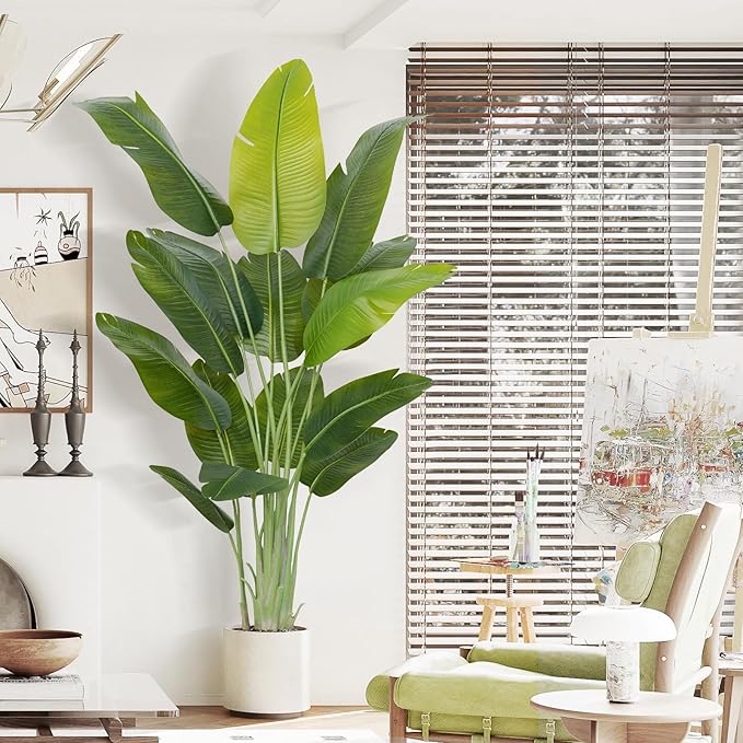 Artificial Bird of Paradise Plant 6.5Ft Tall Fake Tropical Palm Tree Large Fake Plants with 15 Silk Banana Leaves Faux Plant Indoor Decor Trees White Pot for Home Bedroom Living Room Office