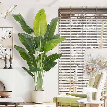 Artificial Bird of Paradise Plant 6.5Ft Tall Fake Tropical Palm Tree Large Fake Plants with 15 Silk Banana Leaves Faux Plant Indoor Decor Trees White Pot for Home Bedroom Living Room Office