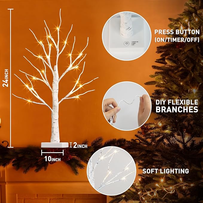 PABIPABI Lighted Birch Tree with LED Lights Christmas Decorations, Small Artificial Bonsai Tree Lights with Timer, LED Tabletop Trees for Home Wedding Decor