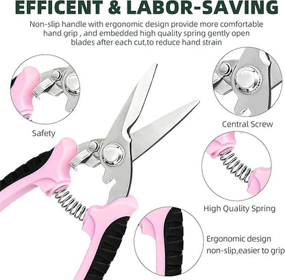 3 Pack Garden Pruning Shears, Stainless Steel Shears, Gardening Shears, Scissors, Garden Clippers, Pruning Snips, Pruning Shears for Gardening Tools (Pink)
