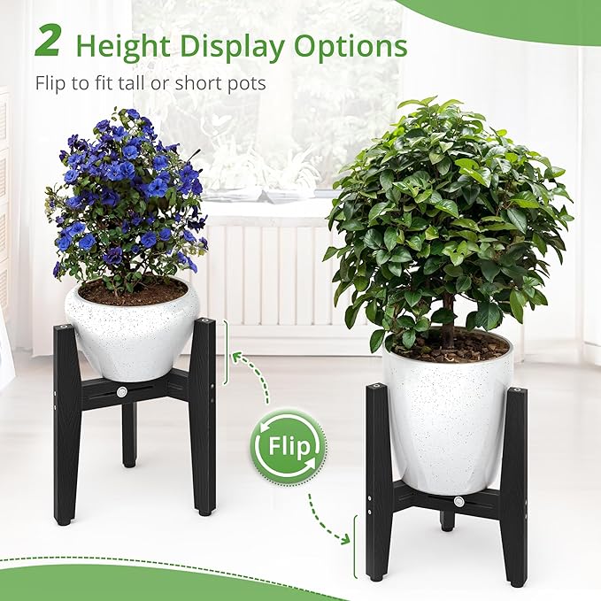 LUE BONA 2 Pack HDPS Plant Stand, Adjustable Plant Stand Indoor for 8-12 Inches Pots, Mid Century Modern Plant Holder for Indoor, Outdoor, Black