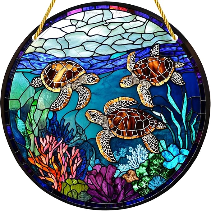Acrylic Stained Window Hanging Turtle Acrylic Decoration for Indoor Outdoor Home Bar Office Garden Plastic Ornament Decor 12x12 Inch