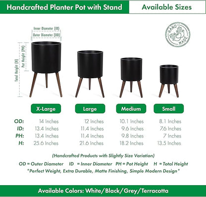 D'vine Dev 12 Inch Planter Pot with Stand, Mid-Century Tall Plant Pot with Legs for Indoor Plants, Large, Black, 88-O-C-2