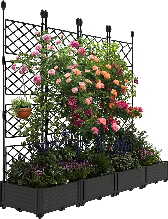 4 PCS Raised Garden Bed with Trellis, 66 in W x 63"Tall Plastic Planter Box for Climbing Plants, Outdoor Vertical Garden with Privacy Screen for Patio, Balcony, Backyard – Sturdy & Lightweight