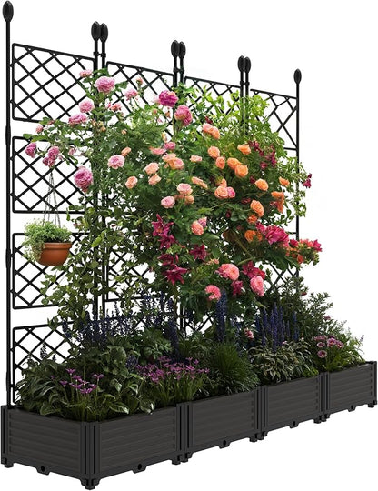 4 PCS Raised Garden Bed with Trellis, 66 in W x 63"Tall Plastic Planter Box for Climbing Plants, Outdoor Vertical Garden with Privacy Screen for Patio, Balcony, Backyard – Sturdy & Lightweight