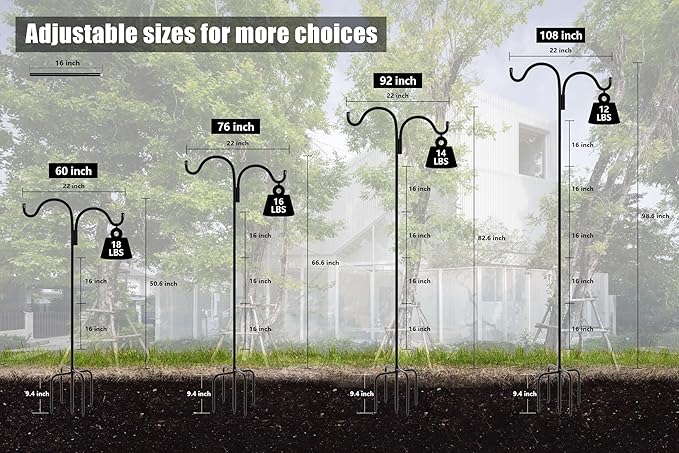 Gtongoko Double Shepherds Hook for Outdoor, 60 Inch Bird Feeder Pole with 5 Prongs Base, 5/8 Inch Thick Heavy Duty Adjustable Garden Hook for Hanging Plant, Lantern, Hummingbird Feeder, 1 Pack