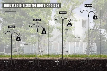Gtongoko Double Shepherds Hook for Outdoor, 92 Inch Bird Feeder Pole with 5 Prongs Base, 5/8 Inch Thick Heavy Duty Adjustable Garden Hook for Hanging Plant, Lantern, Hummingbird Feeder, 1 Pack