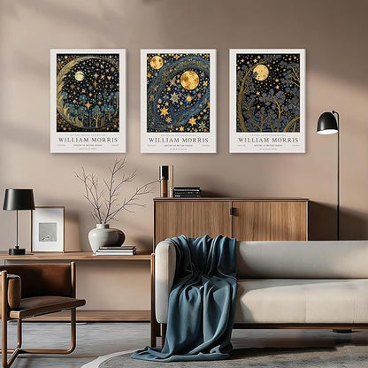WRFON William Morris Canvas Wall Art, Vintage Gold Moon Wall Decor, Dreamlike Stars Poster Prints, Retro Botanical Aesthetic Pictures for Bedroom Living Room Office Framed Ready to Hang 12"x16"x3