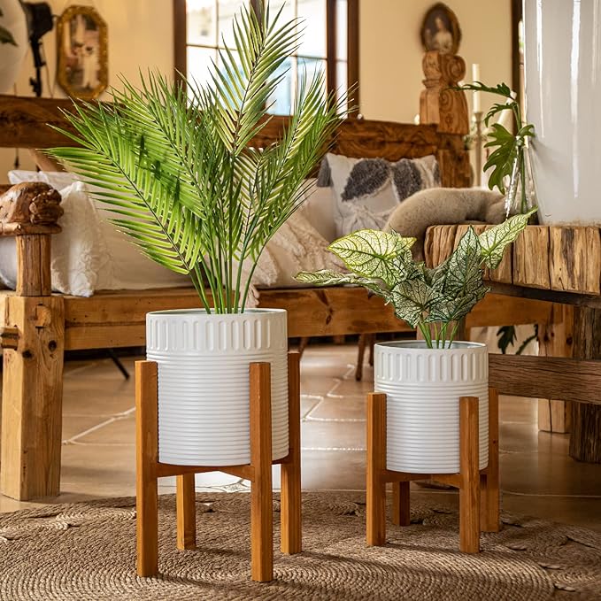 2-Piece White Metal Planter Set with Wood Stand, Indoor Mid Century Modern Planters with Drainage, 8" & 10"