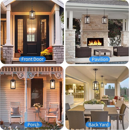 11'' Dusk to Dawn Outdoor Pendant Light, Modern Outside Chandelier Outdoor Hanging Lantern Light, Matte Brown with Clear Glass, Exterior Pendant Lighting Fixture for Porch, Yard, Gazebo, ORB (Small)