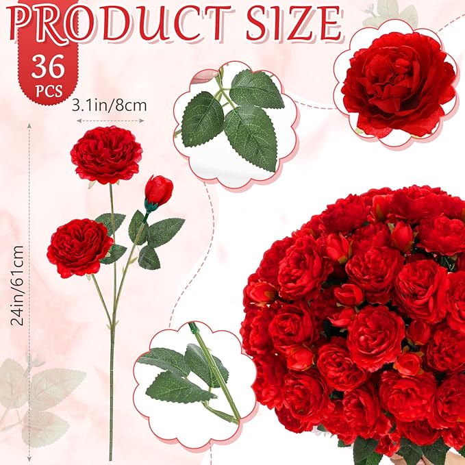36 Bundles Artificial Flowers Peonies Roses Fake Bouquet for Wedding Bridal Shower Valentine's Day Decorations Fake Floral Arrangements Table Centerpieces Home Decor(Red)